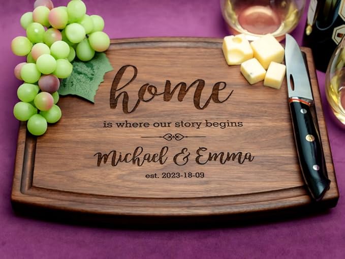 Personalized Cutting Board, Custom Housewarming Gift for New Homeowners, Engraved Home Sweet Home Charcuterie Board, Unique Couple Gift, Handmade Wood Kitchen Décor by Straga (First Home 925)