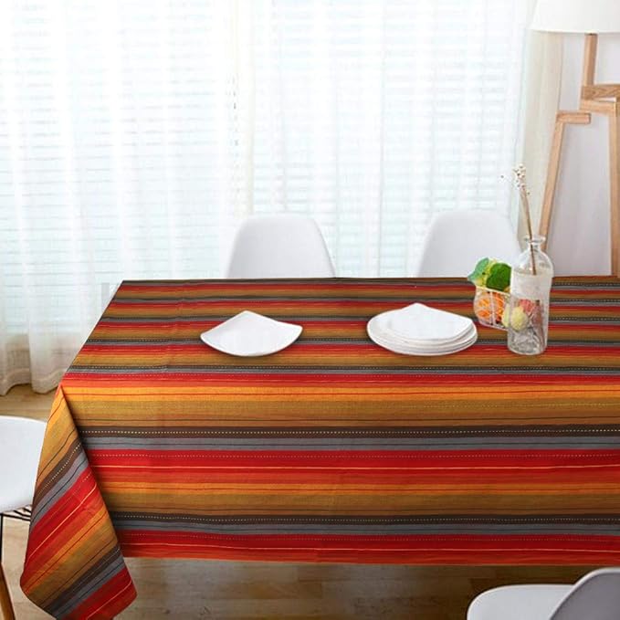 Urban Villa Tablecloth Cuisine Stripes Table Cloth Tabletop Cover Kitchen Dining Tablecloth 100% Cotton Great Parties Wedding Holiday Dinner Red Multi Rectangle 60X102 Inches 8-10 Seats Table Cloth