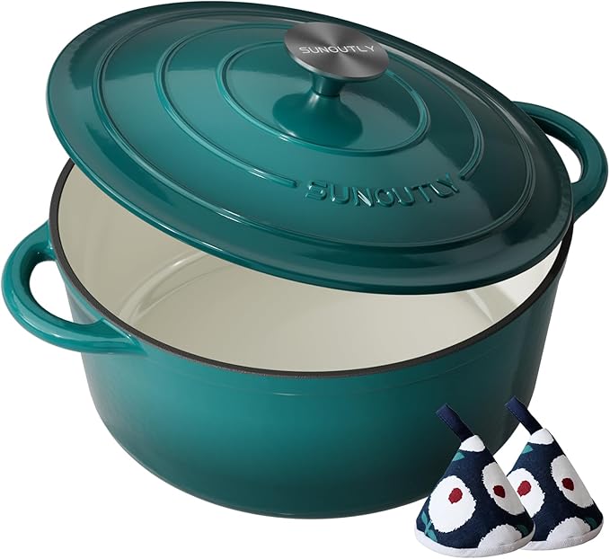 Enameled Cast Iron Dutch Oven - 6QT Pot with Lid & Cotton Potholders - Heavy-Duty Cookware for Braising, Stews, Roasting, Bread Baking, Oven Safe up to 500°F & Across All Stovetops, Bottle Green