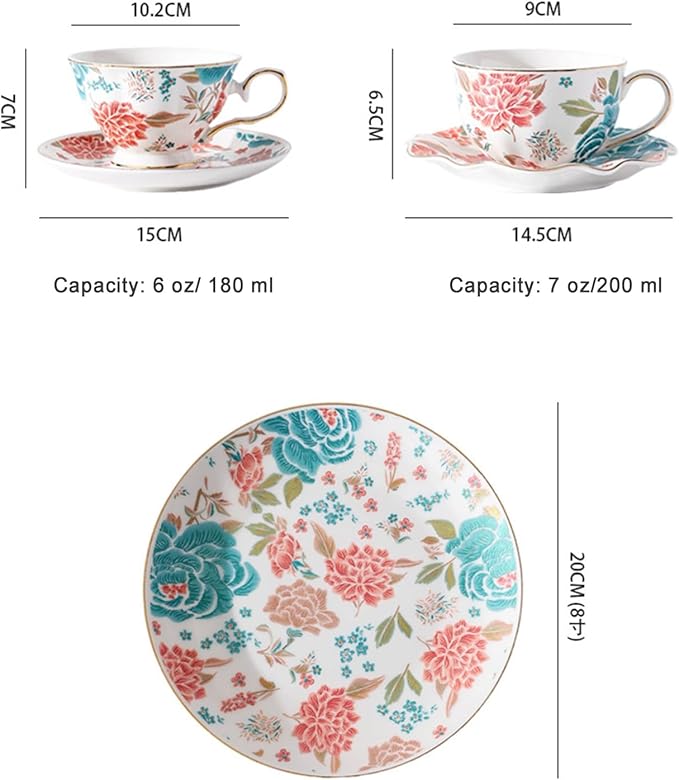 Teacups and Saucers,Bone China Tea Cups about 7 oz(200 ml),Vintage flower Pattern Espresso Coffee Mug Set & tea cups for women, Style02