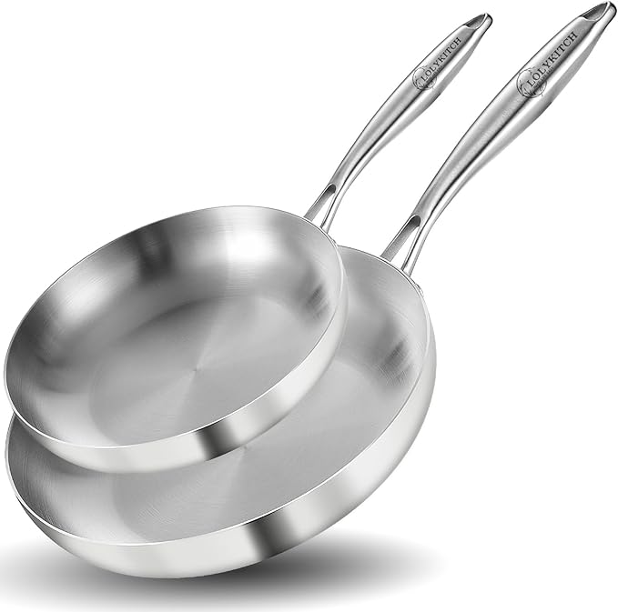 LOLYKITCH 10-12 Inch Tri-ply Stainless Steel Frying Pan Set,Skillets,Induction Cooking Pans,Dishwasher and Oven Safe,Detachable Handle