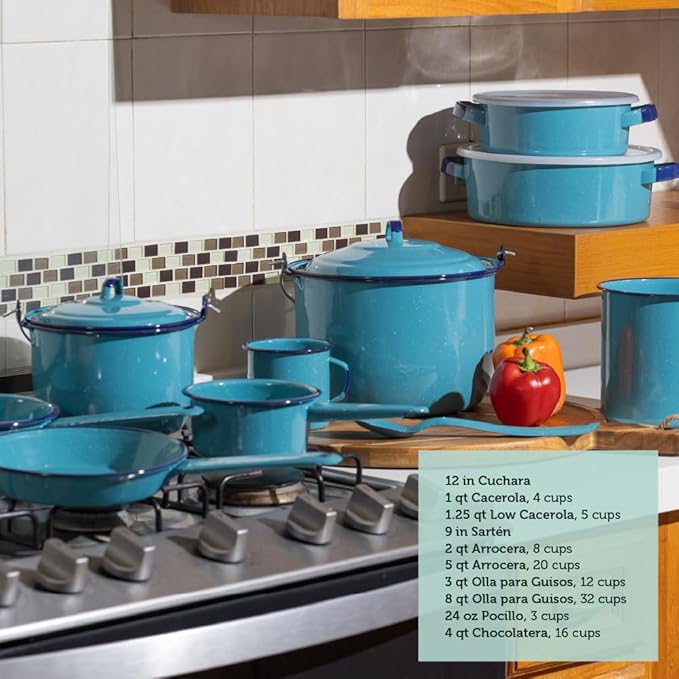 Cinsa 14-Piece Enamel on Steel Cookware Set, Ideal for Gas, Electric Stoves, Ovens & Campfires – Turquoise Blue