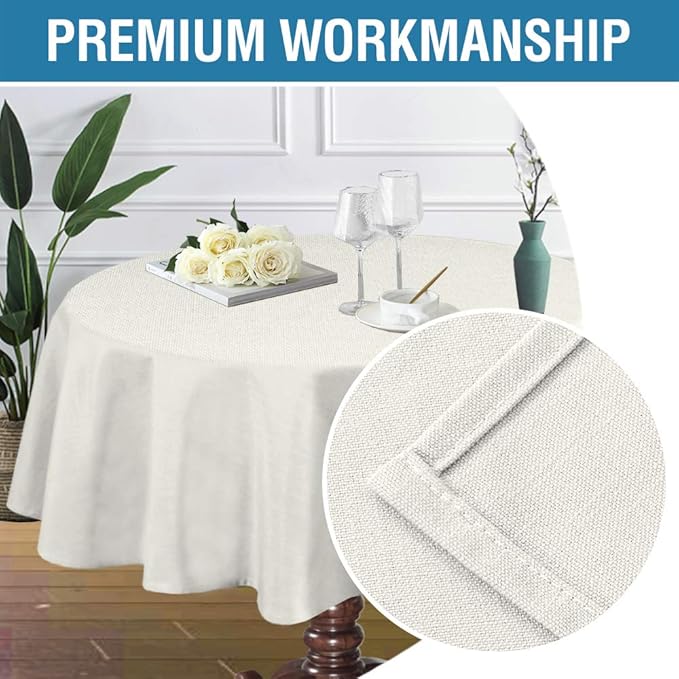 H.VERSAILTEX Linen Textured Table Cloths Round 70 Inch Premium Solid Tablecloth Spill-Proof Waterproof Table Cover for Dining Buffet Feature Extra Soft and Thick Fabric Wrinkle Free, Ivory