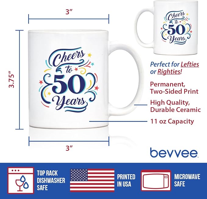 Bevvee Cheers to 50 Years - Coffee Mug Gifts for Women & Men - 50th Anniversary Party Decor - 11oz White Ceramic Mug