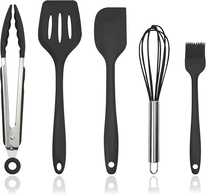 Silicone Kitchen Cooking Utensils Set Kitchen Spatula Set with Holder,5 pcs Heat Resistant Silicone Kitchen Utensils Gadgets Tools Set for Nonstick Cookware,Dishwasher Safe (Black)