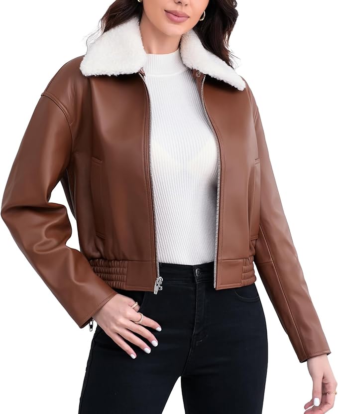 SILVER FASHIONS Leather Jacket Women,Cropped Lambskin Bomber Jacket,Removable Sherpa Collar, Zip Front, Elasticized Hem