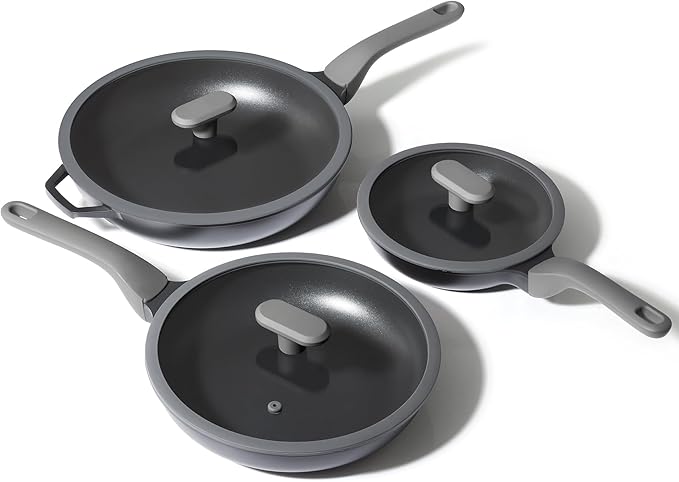 PRICUSIS 8Pcs Nonstick Frying Pan Set with Lid, 8+10+12 Inch Induction Compatible, Stay Cool Handle, Fully Coated, 100% Dishwasher Safe, PFOA Free Omelet Pans, Warp Resistant (Black Sesame)
