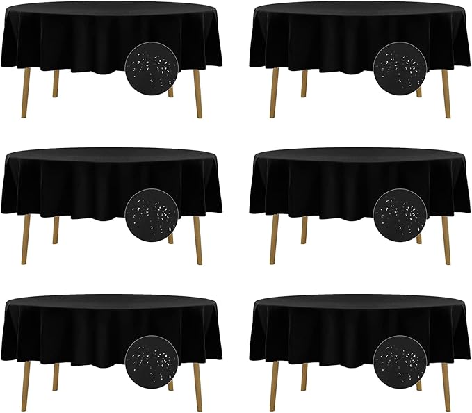 Fokitut 6 Pack Waterproof Round Tablecloth, 90 Inch, Stain Resistant and Wrinkle Polyester Table Cloth, Fabric Table Cover for Kitchen Dining, Wedding, Party, Holiday Dinner-Black