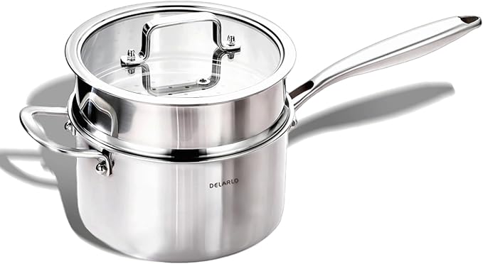 DELARLO Tri-Ply Whole-Clad Stainless Saucepan 3.5 Quart Steamer Set With Glass Lid, Ergonomic Handle, Vegetable Steamer, Multipurpose Sauce Pan, Kitchen Sauce Pot, Oven Safe