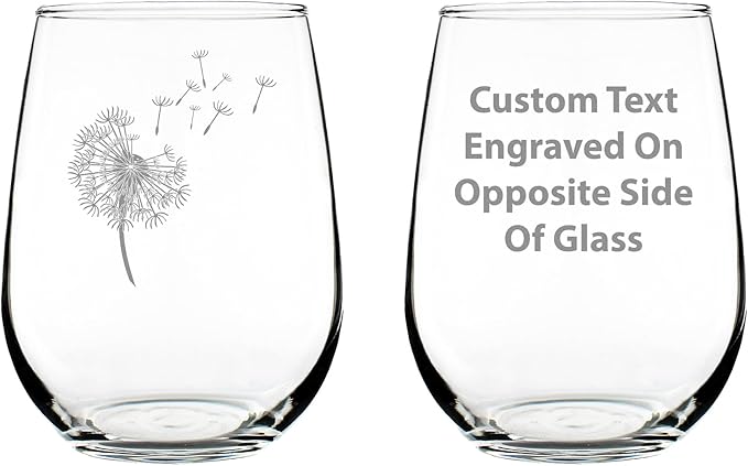 Custom Dandelion Personalized Stemless Wine Glass - Friendship Gifts and Dandelion Flowers Decor for New Beginnings - Large 17 Oz Glasses - Customized Wine Glass Gift