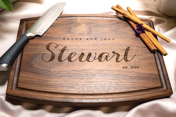 Personalized Cutting Board, Custom Wedding, Anniversary or Housewarming Gift Idea, Wood Engraved Charcuterie, for Couples and Clients, Modern Script Design 081