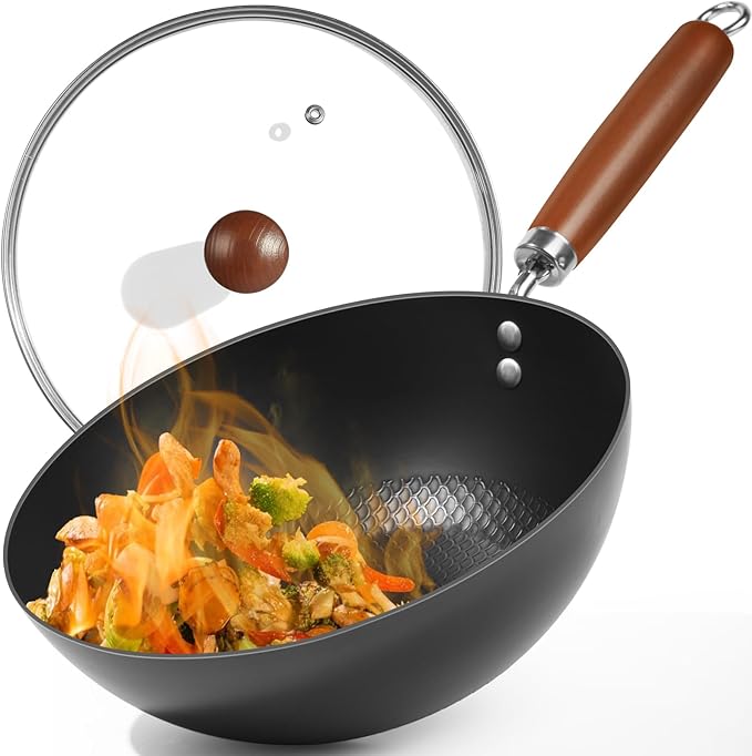 10.5-Inch Carbon Steel Wok, Stay-Cool Wooden Handle Stir-Fry Pan for 2–3 Servings, Non Toxic, Oven-Safe, Authentic Chinese Cooking For All Stovetops, 2-Piece Set