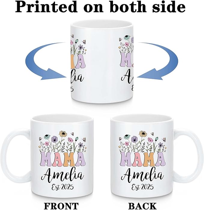 Custom Christmas Coffee Mug Gifts for Mom,11oz Personalized Ceramic Mama Cup with Photo Text & Birth Flower, Customized Birthday Gift for New Moms (Mom-Text)