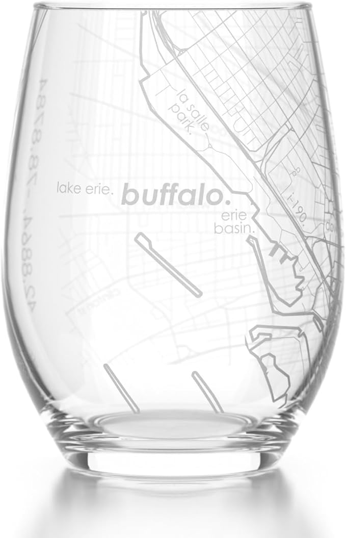 Well Told Engraved Buffalo NY Map Stemless Glass, Custom Etched City Map Wine Glass (15 oz, Clear) for Wine Lovers