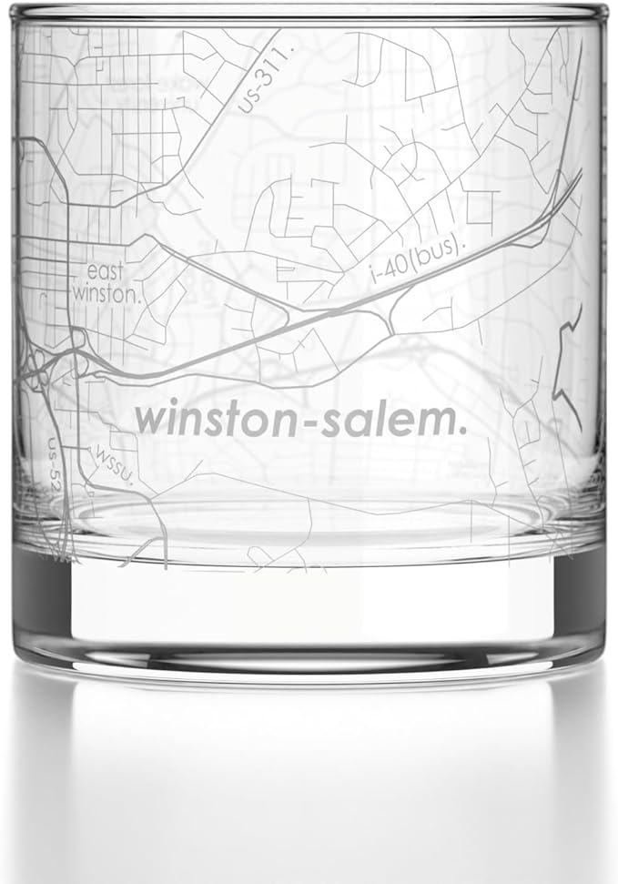 Well Told Engraved Winston-Salem North Carolina Map Rocks Glass, Old Fashioned Glassware (11 oz, Clear) Etched Bourbon Tumbler, Gifts For Whiskey Lovers