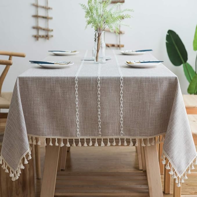 Pahajim Striped Tablecloth Rectangle with Tassels Thick Linen Cotton Table Cloth for Outdoor Picnic Dining and Holiday Kitchen Decor Rectangle/Oblong,55''x87'', 6-8 Seats
