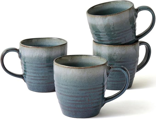 14 oz Coffee Mugs Set of 4, Ceramic Coffee Mugs with Handle – Reactive Glaze Stoneware Coffee Mug Set for Tea, Latte, Cappuccino, Cocoa, Hot Chocolate – Microwave & Dishwasher Safe - Blue