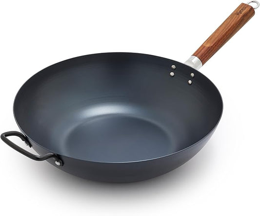 GreenPan Carbon Steel Wok 14”, Flat Bottom, Durable Stir-Fry Pan, Pre-Seasoned Ready to Use, High Heat Retention, Induction, Ash Wood Handle, Kyoto, Black