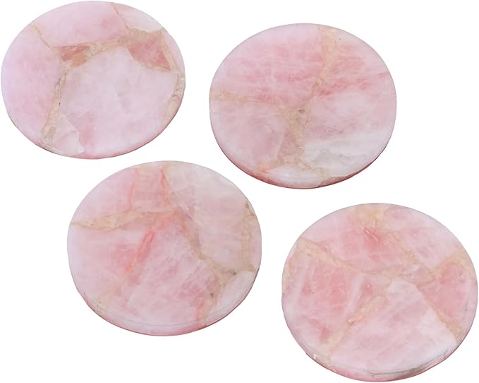Set of 4 Natural Rose Quartz Coasters – Crystal Stone Drink Coasters for Coffee Table Decor, Serveware, Wine & Bar Coasters, Wedding Gift, Table Organizers, Housewarming Gifts, Gifts for her