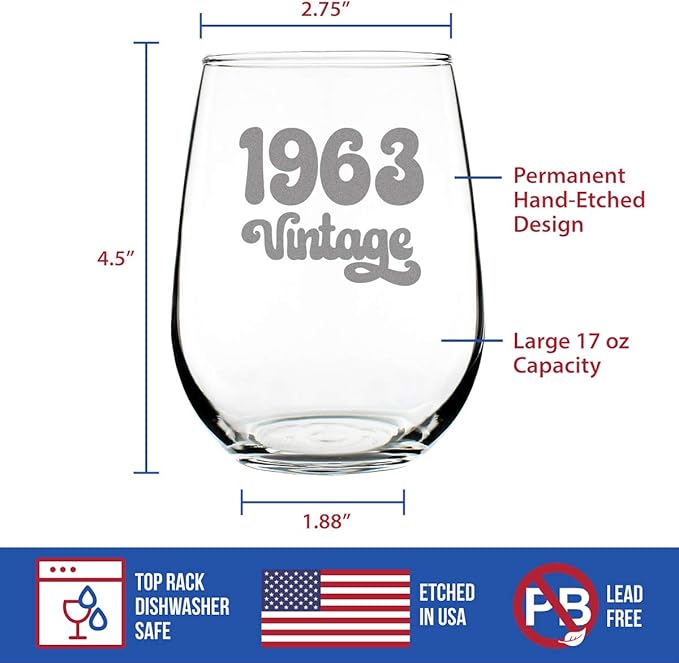 Bevvee Vintage 1963 Stemless Wine Glass - 63rd Birthday Gifts for Women & Men Turning 63 - Bday Party Decor - Large 17 oz