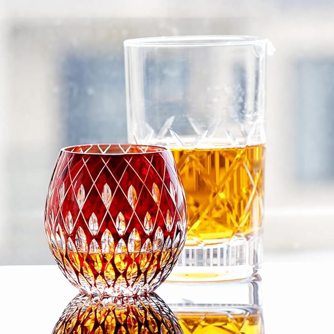 JINZHI Japanese Style EDO Kiriko Whiskey Glasses 11OZ Unique Shape Colored Hand Carved Glass Tumbler for Bourbon Lovers - Style Glassware for Rum - Rocks glasses in Gift Box (Red)