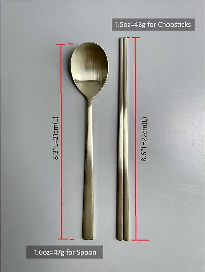 Korean Made Traditional Utensil Chopstick Set Flatware Champagne Gold Stainless Steel Spoon & Chopsticks Comfortable Grip Stocking Stuffer