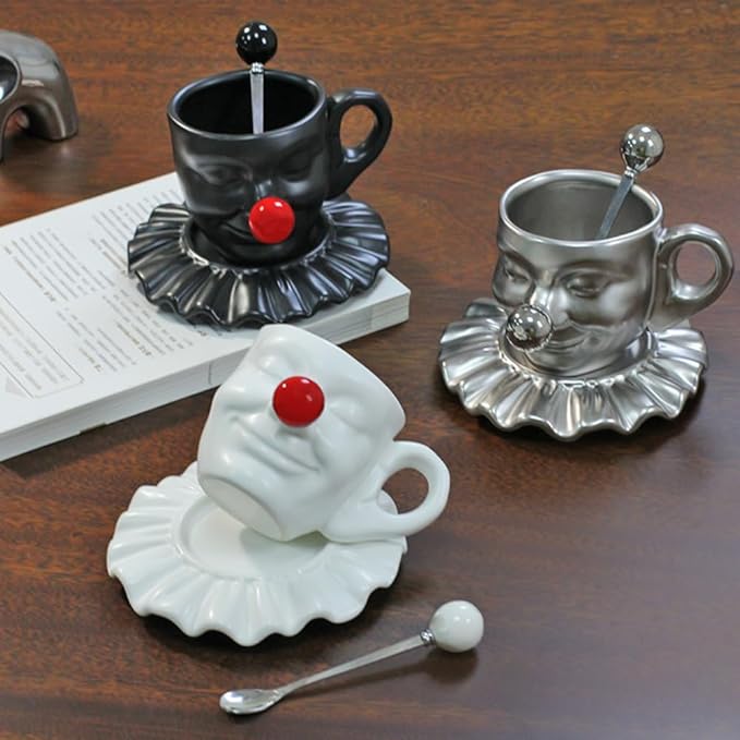 Tea Cups and Saucers, Ceramic Coffee Cup Set 8.5oz, Porcelain Tea Set Face artistic clown cup Design for Lover Gift & Home Decor-White