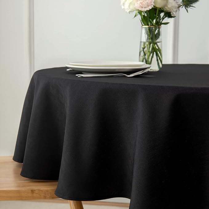 maxmill Round Linen Looking Textured Tablecloth Spill-Proof Wrinkle Free Soft Jacquard Table Cloth for Circular Table Cover, for Dining Room Buffet Banquet Parties Holiday Dinner, 70 Inch Black