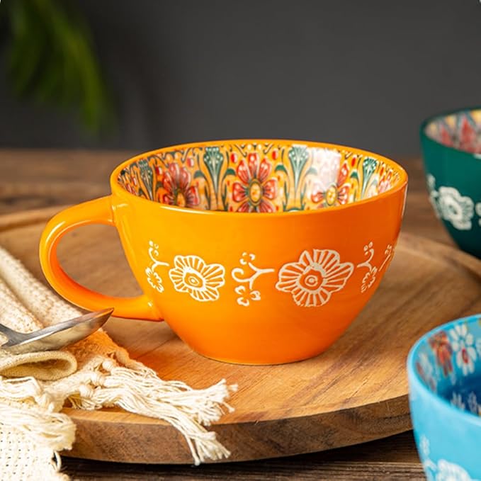 Bohemian Hand-Painted Ceramic Mug, 15 Oz Large Coffee Cup for Milk, Tea, and Breakfast, Dishwasher & Microwave Safe Artisan Cup, Orange