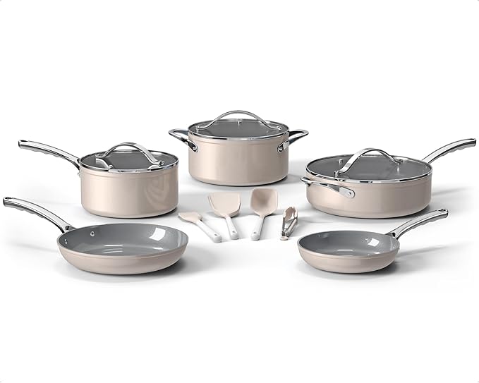Bakken 12-Piece Aluminum Cookware Set with Ceramic Nonstick Coating, PTFE & PFAS Free, All Stovetop Safe Up To 500°F, Pots and Pans Set with Lids, Silicone Utensils Included, Dishwasher Safe, Cream
