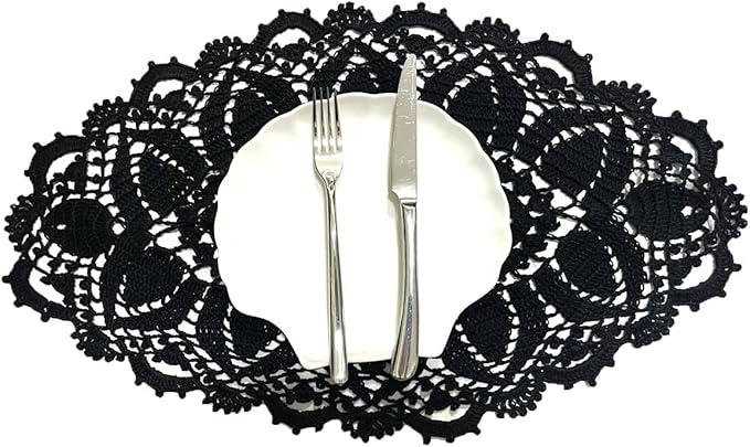 BIBITIME Lace Tablecloth Doily Handmade Crochet Placemat Women Vase Mat Kitchen Table Runner (4PCS- 12 x 22 in, Black)