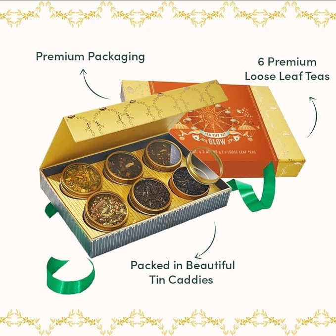 VAHDAM, GLOW - Assorted Tea Gift Set (6 Loose Leaf Tea) Tin Caddy Presentation Box | Gluten Free, Non GMO | Tea Gift Set for Women & Men