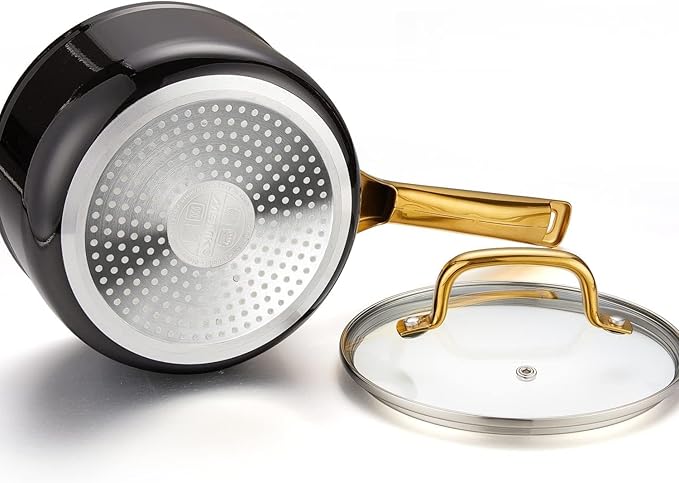 MSMK 1.5 QT Enamel Black Sauce Pan with Lid, MSMK Designed Enamel Exterior Coating Withstand High Temperature And Fade Resistance, Pfoa Fre, Burnt Also Non Stick, Oven Safe, Dishwasher Safe