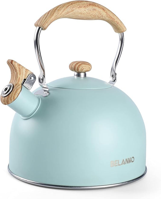 Tea Kettle, BELANKO 85 OZ / 2.5 Liter Whistling Tea Kettle, Tea Pots for Stove Top Food Grade Stainless Steel with Wood Pattern Folding Handle, Loud Whistle Kettle for Tea, Coffee, Milk - Turquoise