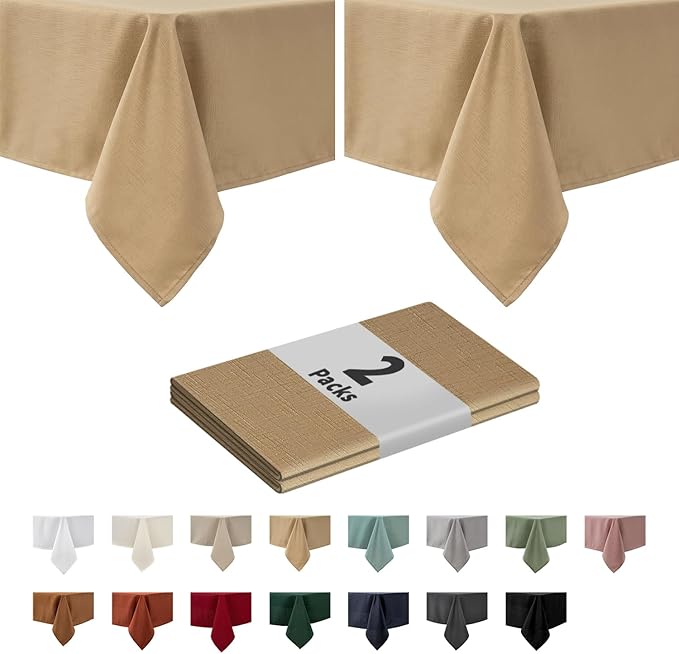 maxmill 2 Pack 60 x 84 Inch Beige Faux Linen Textured Rectangle Tablecloth Water Resistant Wrinkle Free Spill-Proof, Soft Table Cloth for Dining Room Decoration, Banquet Parties Holiday Dinner