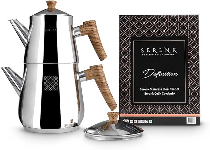 Serenk Definition Stainless Steel Teapot Set, 1L Teapot & 2L Lower Pot, Double-Stacked Design, Induction Compatible, Mirror Polished Finish, Tea Kettle for Home