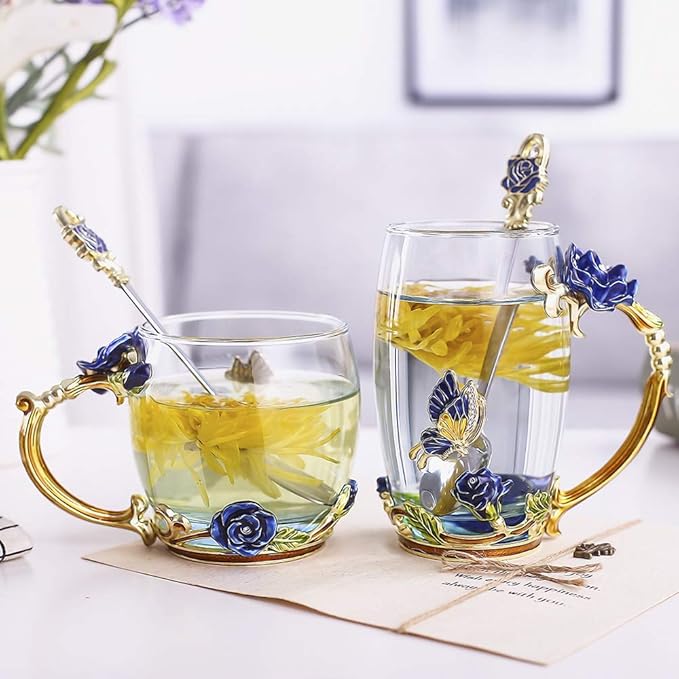 Luka Tech Enamels Butterfly flower Lead-free Glass Coffee Mugs Tea Cup with Steel Spoon, personalised Gifts For Women Wife Mom Friends Birthday Mothers Valentines Day Wedding (Blue)