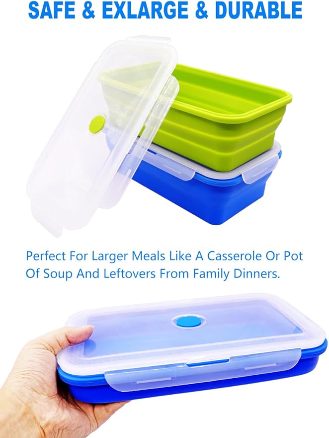 Extra Large Collapsible Silicone Food Storage Containers With Lids, 82.8oz, 2 Pack, XXL Foldable Bento Lunch Box, Rv Collapsible Bowls, Big Meal Boxes for Kitchen, Camping, BPA Free