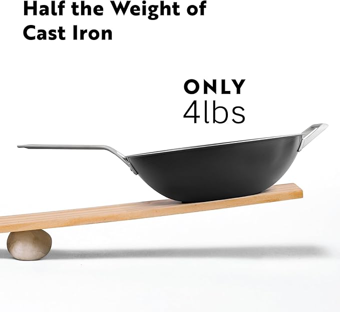 13 Inch Carbon Steel Wok Pan - Carbon Steel Clad, Better than Cast Iron - Lightweight, Naturally Nonstick, Non Toxic Cookware, No Coatings - Induction Wok, Oven, Outdoor Grill Cooking