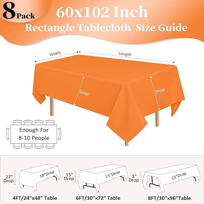 8 Pack Orange Tablecloth 60x102 Inch Rectangle Table Cloth for 6 Foot Rectangle Tables, Wrinkle Resistant Washable Polyester Fabric Rectangular Table Cover for Dining Banquet Wedding Party