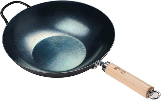 臻三环 ZhenSanHuan HandHammered Iron Wok Flat Bottom Induction Suitable (32cm WoodHandle with Help)