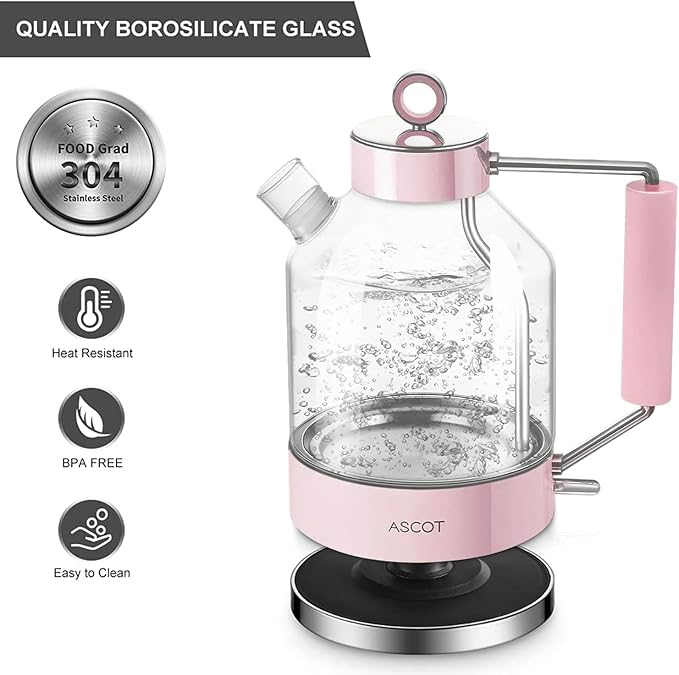 Electric Kettle, ASCOT Glass Electric Tea Kettle 1.5L 1500W Retro Tea Heater & Hot Water Boiler, No Plastic, BPA-Free, Cordless, with Auto Shut-Off and Boil-Dry Protection (Pink)