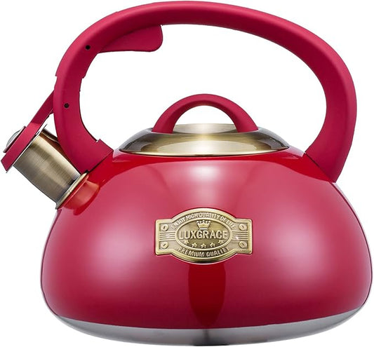 Whistling Tea Kettle Stainless Steel Teapot, Teakettle for Stovetop Induction Stove Top, Fast Boiling Heat Water Tea Pot 2.5 Quart(Red)
