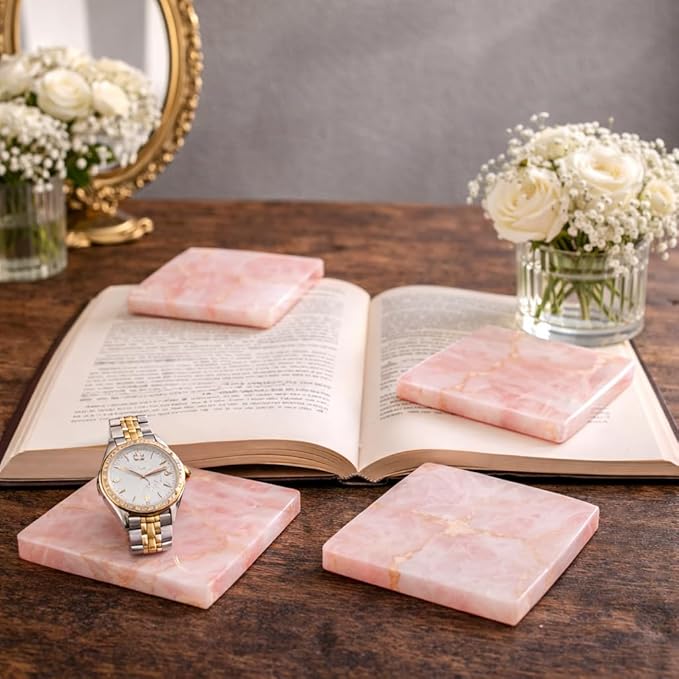 Set of 4 Natural Rose Quartz Coasters Set – Crystal Stone Drink Coasters for Coffee Table Decor, Wine or bar Coasters, Serveware, Housewarming Gifts, Wedding Gifts & Modern Home Decor