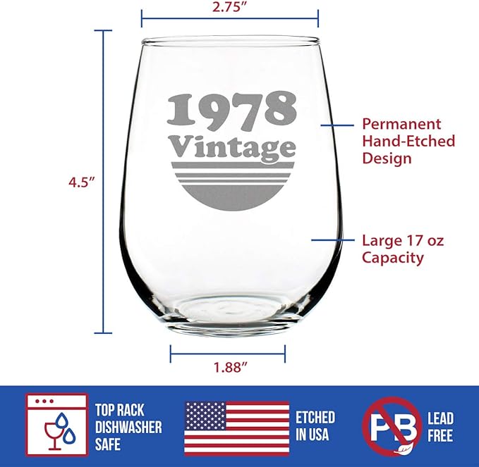 Bevvee Vintage 1978 Stemless Wine Glass - 48th Birthday Gifts for Women & Men Turning 48 - Bday Party Decor - Large 17 oz