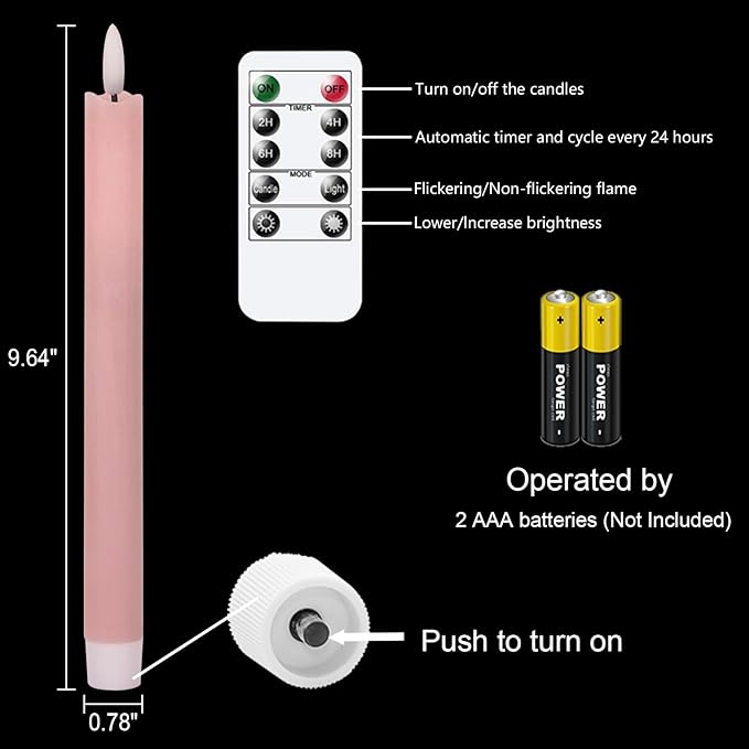 GenSwin Flameless Pink Taper Candles Flickering with 10-Key Remote, Battery Operated Led Warm 3D Wick Light Window Candles Real Wax Pack of 6, Christmas Home Wedding Decor(0.78 X 9.64 Inch)