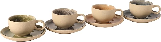 Gibson Elite Manila Bay 8-Piece Stoneware 5 oz Cup and Saucer Set, Reactive Glaze Espresso & Coffee Cups with Saucers, Assorted Colors
