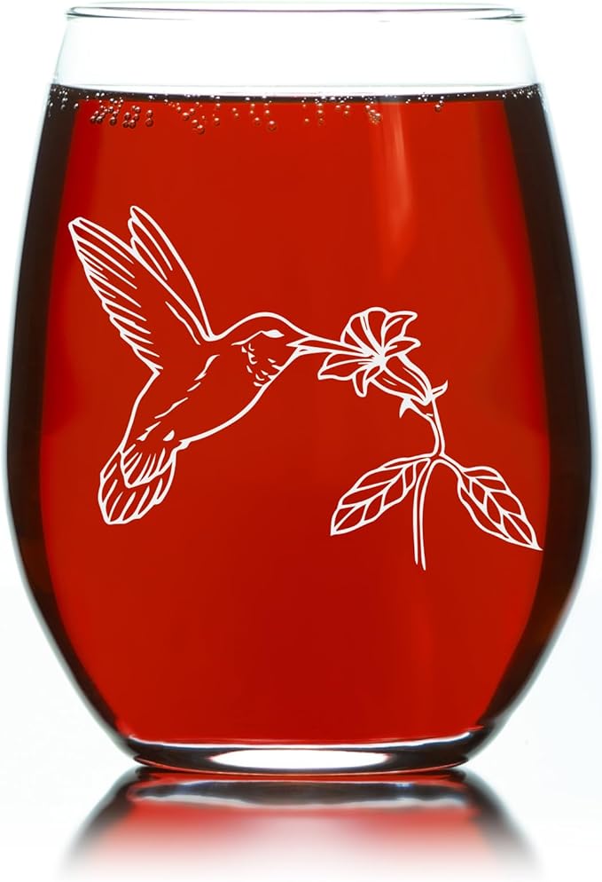 C M Hummingbird with Flower Stemless Wine Glass - Bird Lover Themed Gift for Men and Women - 17 oz. (Style H4)