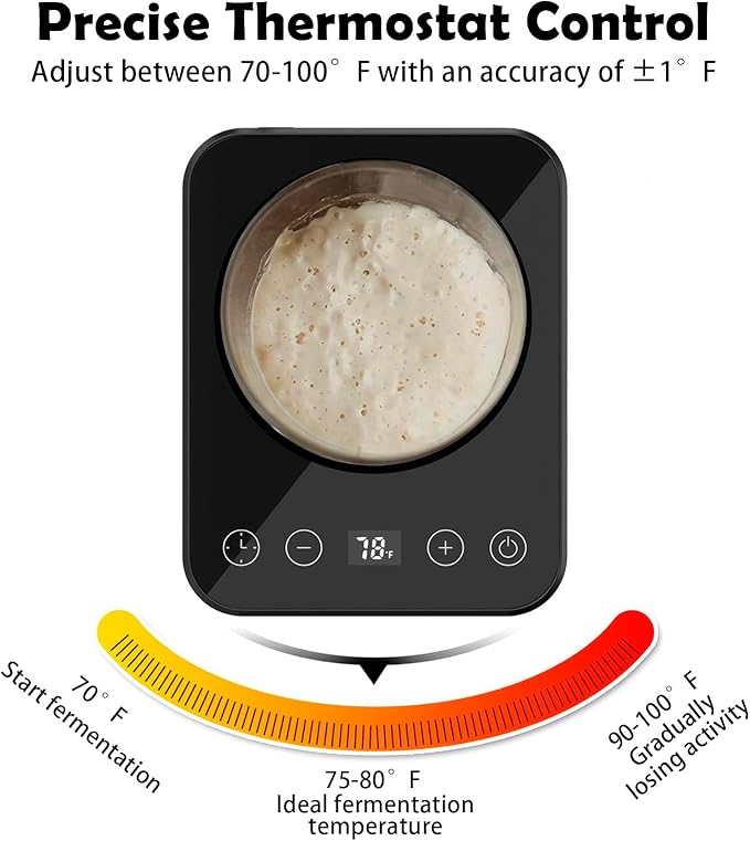 FJ FOUR JOYS Sourdough Starter Warmer with Precise Thermostat Control(70-100°F), Digital Display, Auto On/Off, 1-12 Hours Timer - Perfect for Sourdough Bread Fermentation and Home Baking