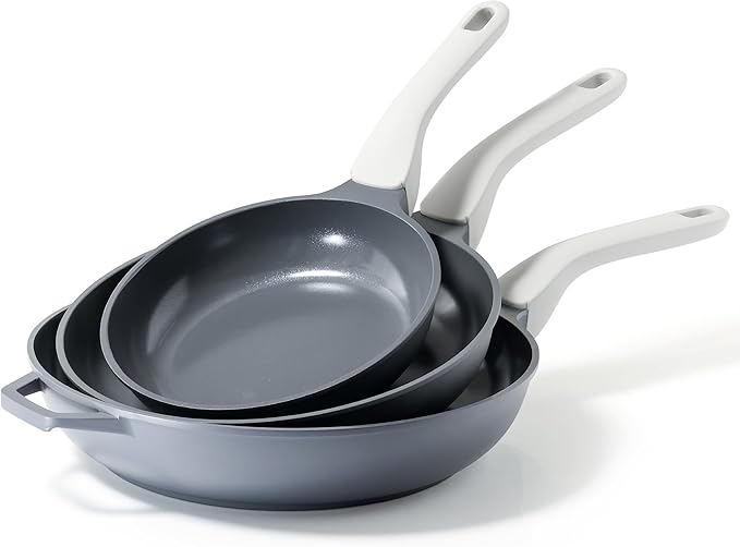 PRICUSIS 5Pcs Ceramic Nonstick Frying Pan Set, 8+10+12 Inch Induction Compatible Skillet with Stay Cool Handle, Fully Coated, 100% Dishwasher Safe, PFAS & PTFE & PFOA Free (Blueberry Gray